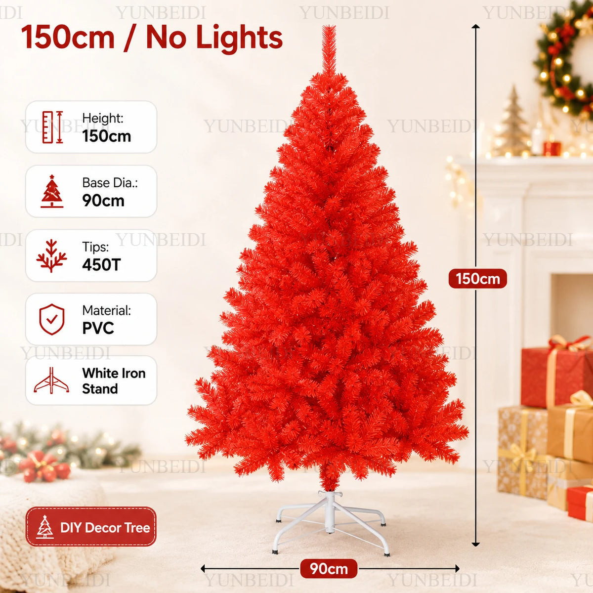 Red Artificial Christmas Tree, 120–240 cm PVC Holiday Tree with Optional Warm White USB LED Lights for Indoor Decorating