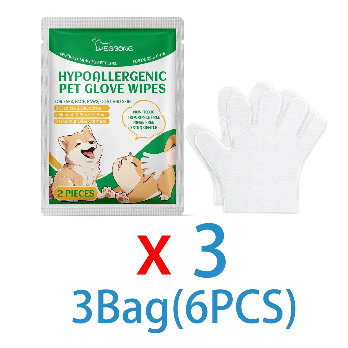No-Rinse Pet Cleaning Gloves – Dogs & Cats, Coconut Oil & Glycerin, Disposable Wipes
