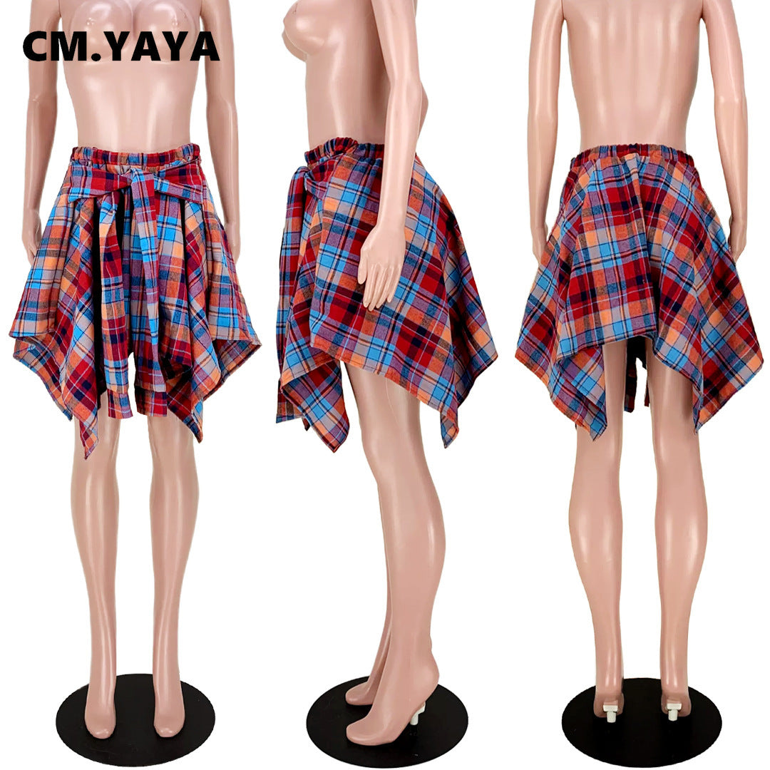 Women Plaid Irregular High Waist Knee-Length Skirt