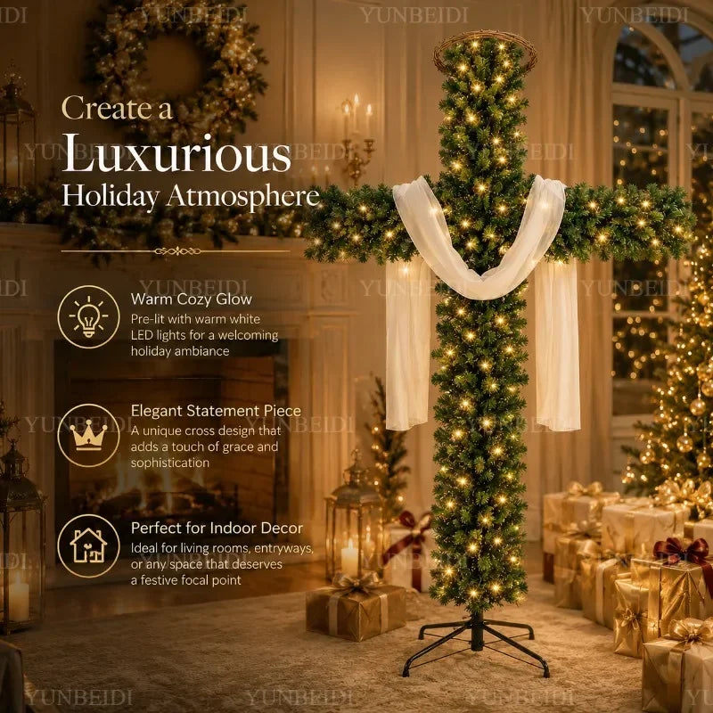 Cross-Shaped Artificial Christmas Tree with Metal Stand, 150 or 180 cm Green PVC Religious Holiday Decoration with Optional USB Lights