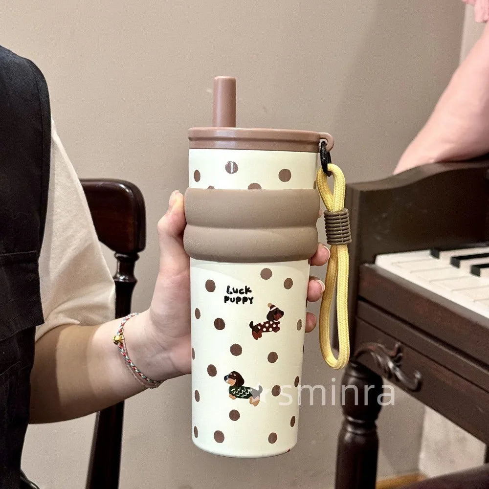 Cute Cat Bow Insulated Water Bottle with Straw – 710ml Stainless Steel Thermal Tumbler with Ceramic Lining, Travel Mug for Tea, Coffee & Cold Drinks