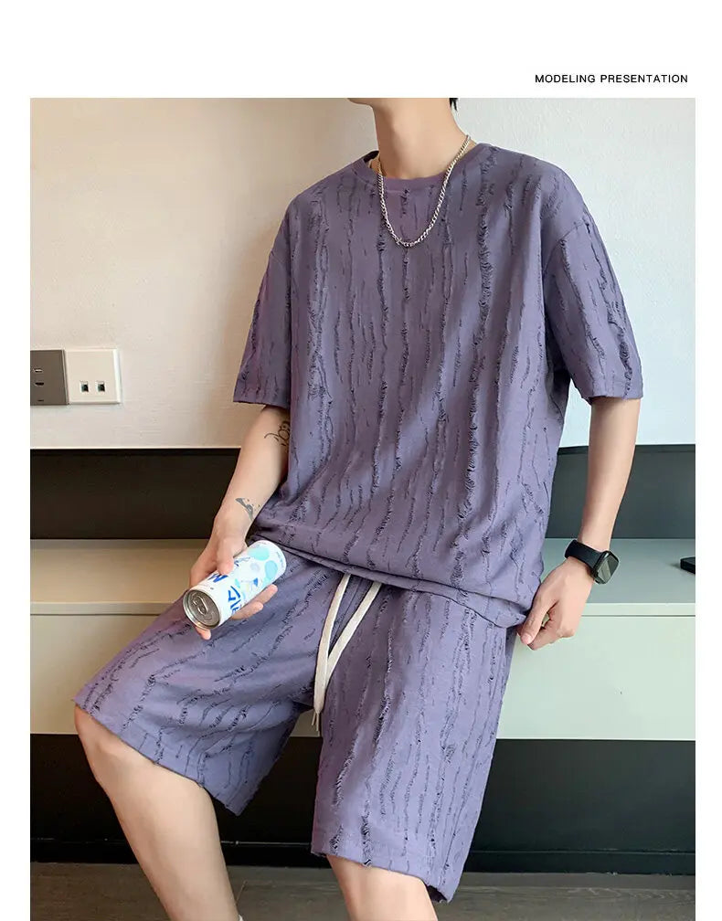 Plus Size 8XL Summer Men's Casual Tracksuit Set – Solid Color Short Sleeve T-Shirt + Shorts – 2-Piece Sportswear