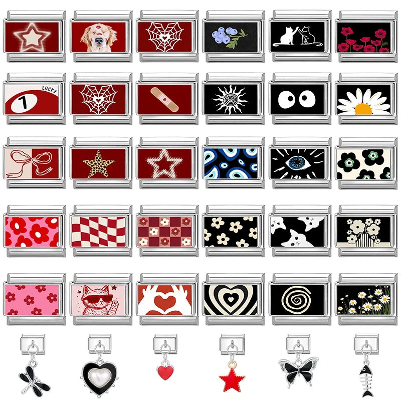 DIY Italian Charm Bracelet – Black & Red Cat Eye, Heart & Stripe Charms, 9mm Stainless Steel