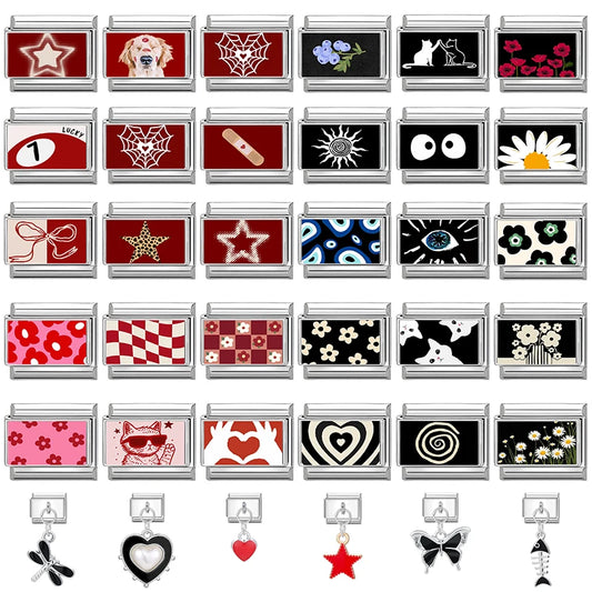 DIY Italian Charm Bracelet – Black & Red Cat Eye, Heart & Stripe Charms, 9mm Stainless Steel