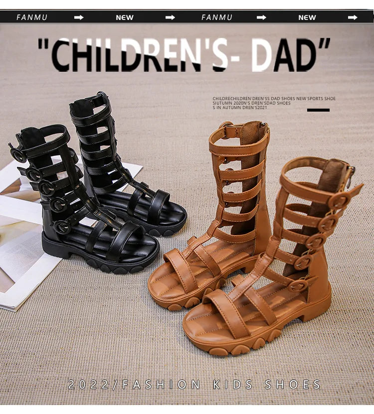 Girls' High-Top Roman Sandals – Soft Sole Summer Shoes for Children | Cut-Out Design, Buckle & Zipper | Princess Beach Sandals