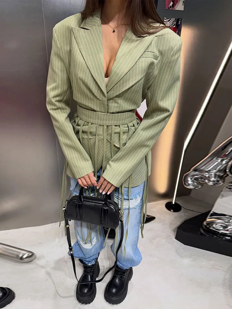 Women's Pinstripe Blazer Jacket with Padded Shoulders, Fitted Waist, Turn-Down Collar & Detachable Tassel Straps