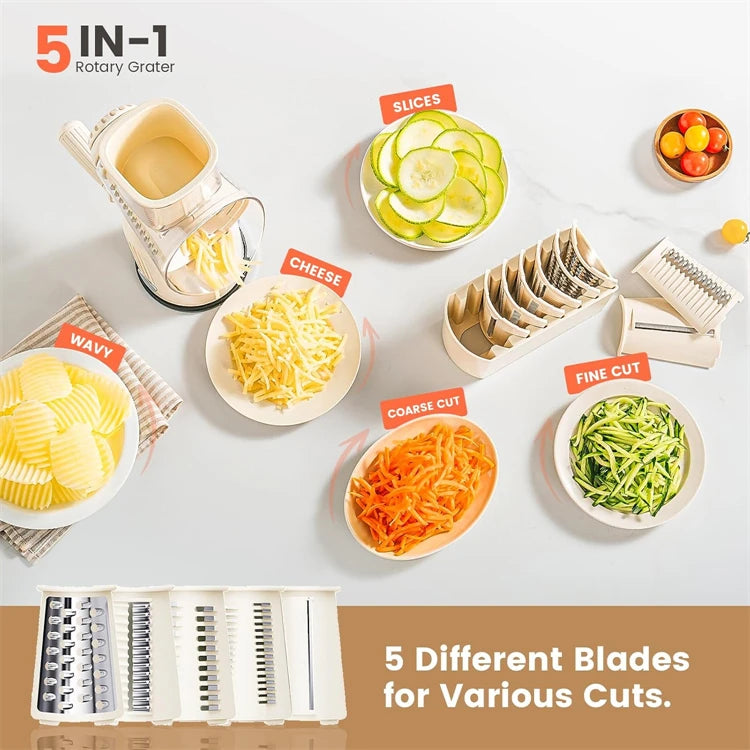 Rotary Cheese Grater with Hand Crank – 5-in-1 Kitchen Shredder & Slicer with Replaceable Stainless Steel Blades for Cheese, Vegetables & More