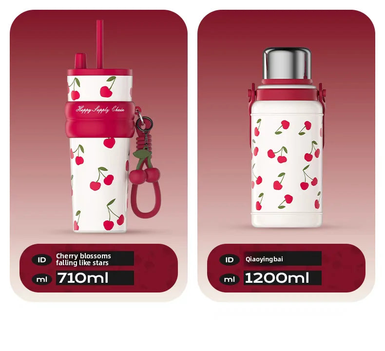 Portable Cherry Series Stainless Steel Insulated Straw Tumbler – Double-Wall Vacuum Travel Water Bottle for Hot & Cold Drinks