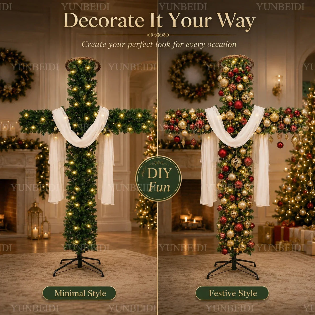 Cross-Shaped Artificial Christmas Tree with Metal Stand, 150 or 180 cm Green PVC Religious Holiday Decoration with Optional USB Lights