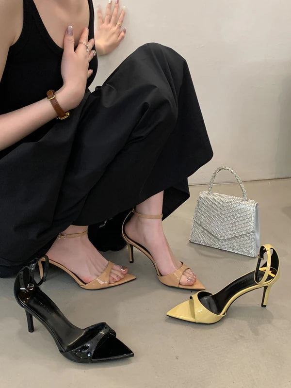 Women’s Fashion – Sexy Patent Leather High Heel Sandals with Buckle | Pointed Toe Party & Wedding Shoes