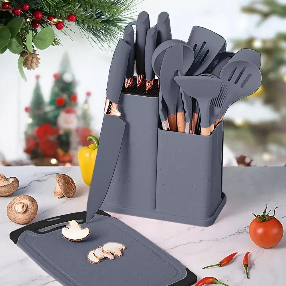 19-Piece Non-Stick Silicone Kitchen Utensil Set with Knives and Bamboo Storage – Heat-Resistant Tools Perfect for Cooking
