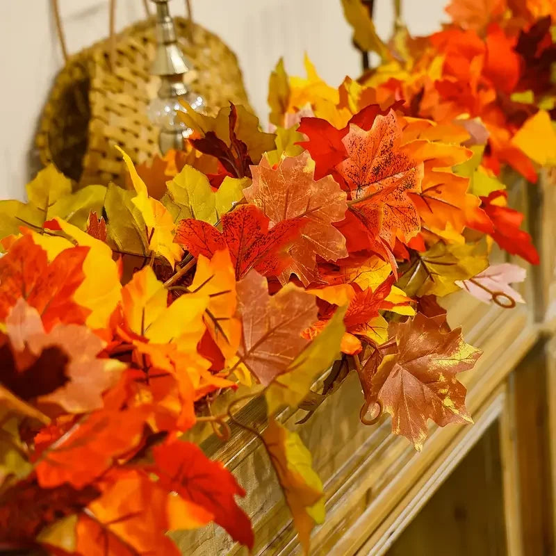 Artificial Autumn Maple Leaf Garland Hanging Vines for Fall, Thanksgiving and Halloween Mantel, Stair Railing and Party Decorations