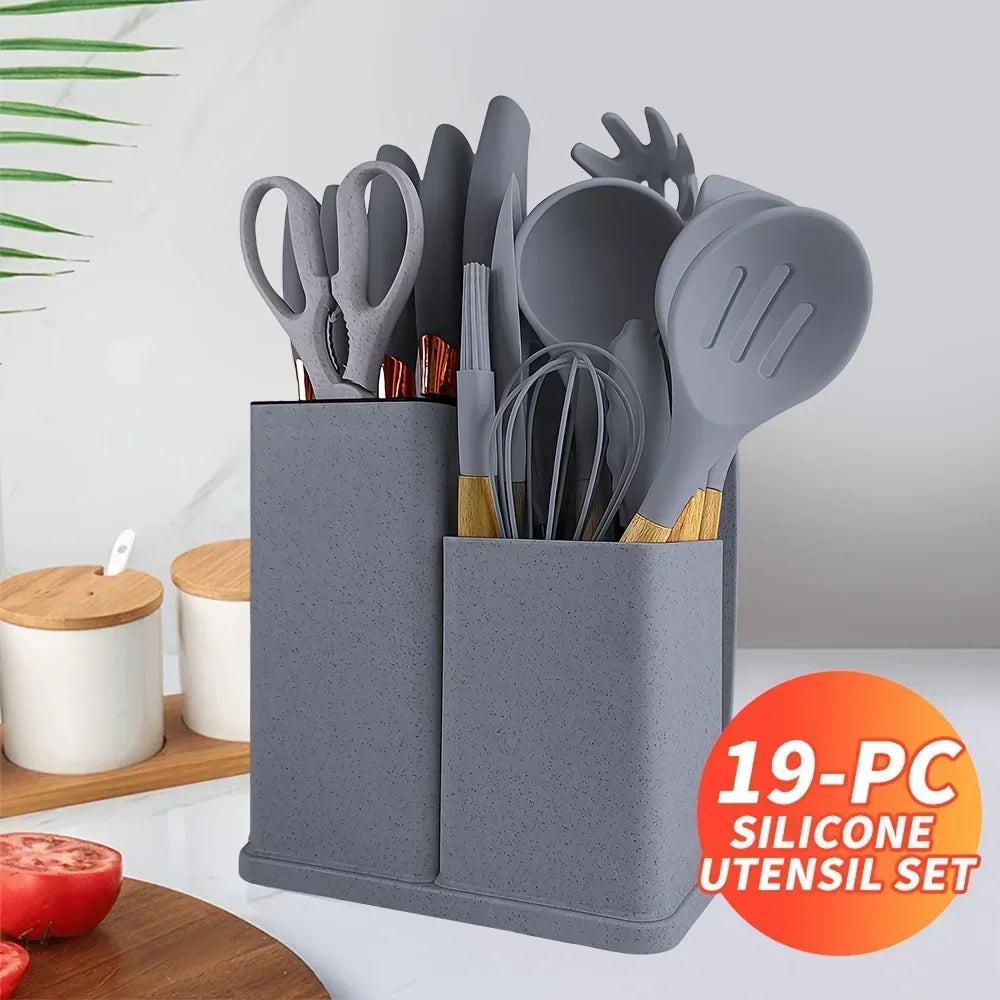 19-Piece Non-Stick Silicone Kitchen Utensil Set with Knives and Bamboo Storage – Heat-Resistant Tools Perfect for Cooking