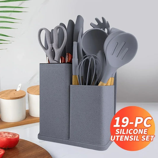 19-Piece Non-Stick Silicone Kitchen Utensil Set with Knives and Bamboo Storage – Heat-Resistant Tools Perfect for Cooking