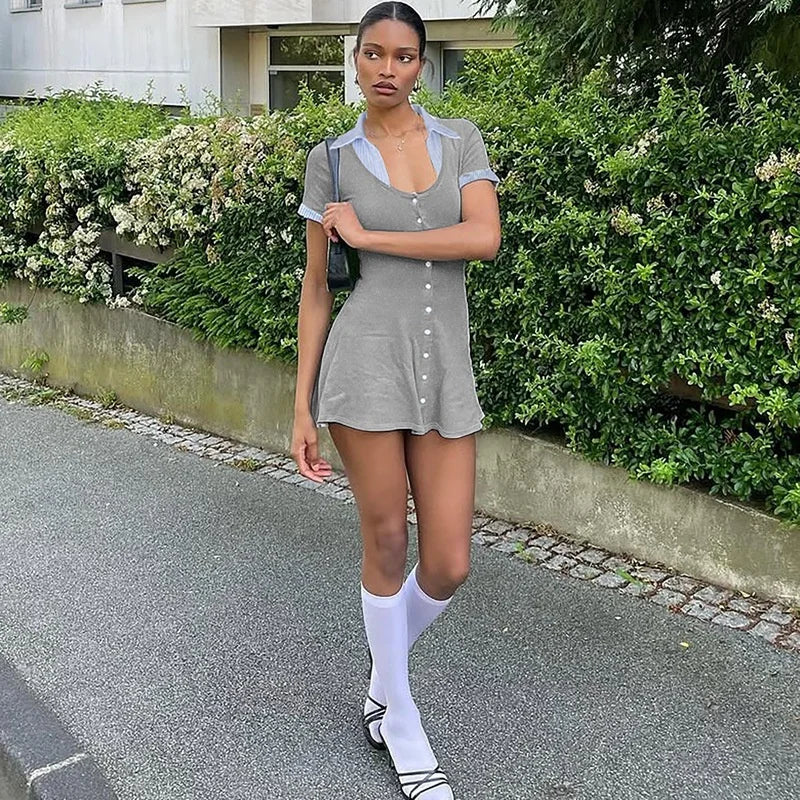 Short Sleeve Mini Dress – Square Neck Patchwork Striped High Waist Slim Fit Dress for Women