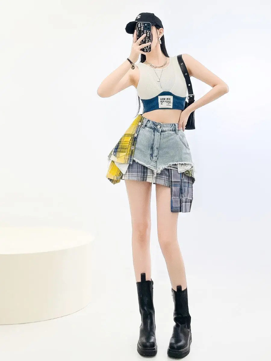 Vintage Plaid Denim Splicing Asymmetrical A-Line Mini Skirt