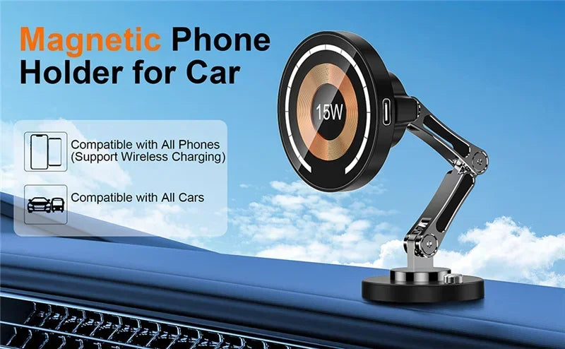 15W Magnetic Wireless Car Charger Mount – Strong MagSafe Phone Holder with 360° Rotation & Fast Charging for iPhone 15/14/13/12