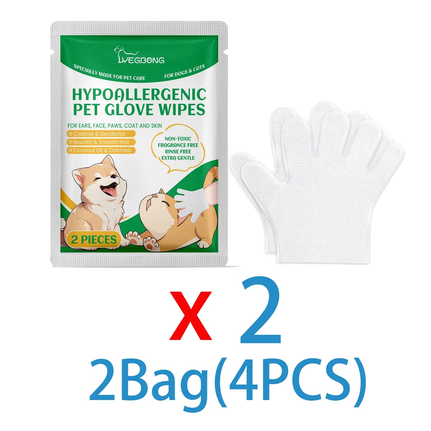No-Rinse Pet Cleaning Gloves – Dogs & Cats, Coconut Oil & Glycerin, Disposable Wipes