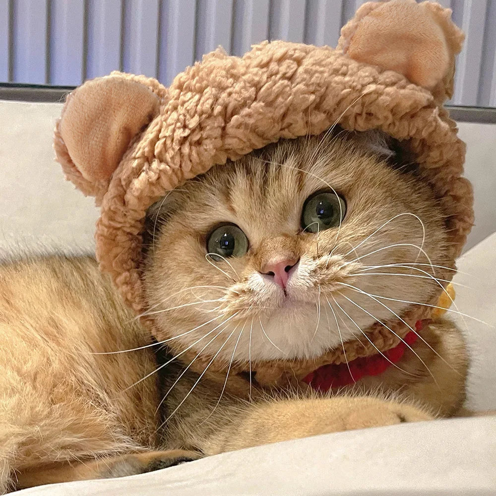 Adorable Bear & Bunny Plush Hat for Cats and Small Dogs – Warm Winter Headwear, Cute Pet Costume Accessory for Christmas and Holidays