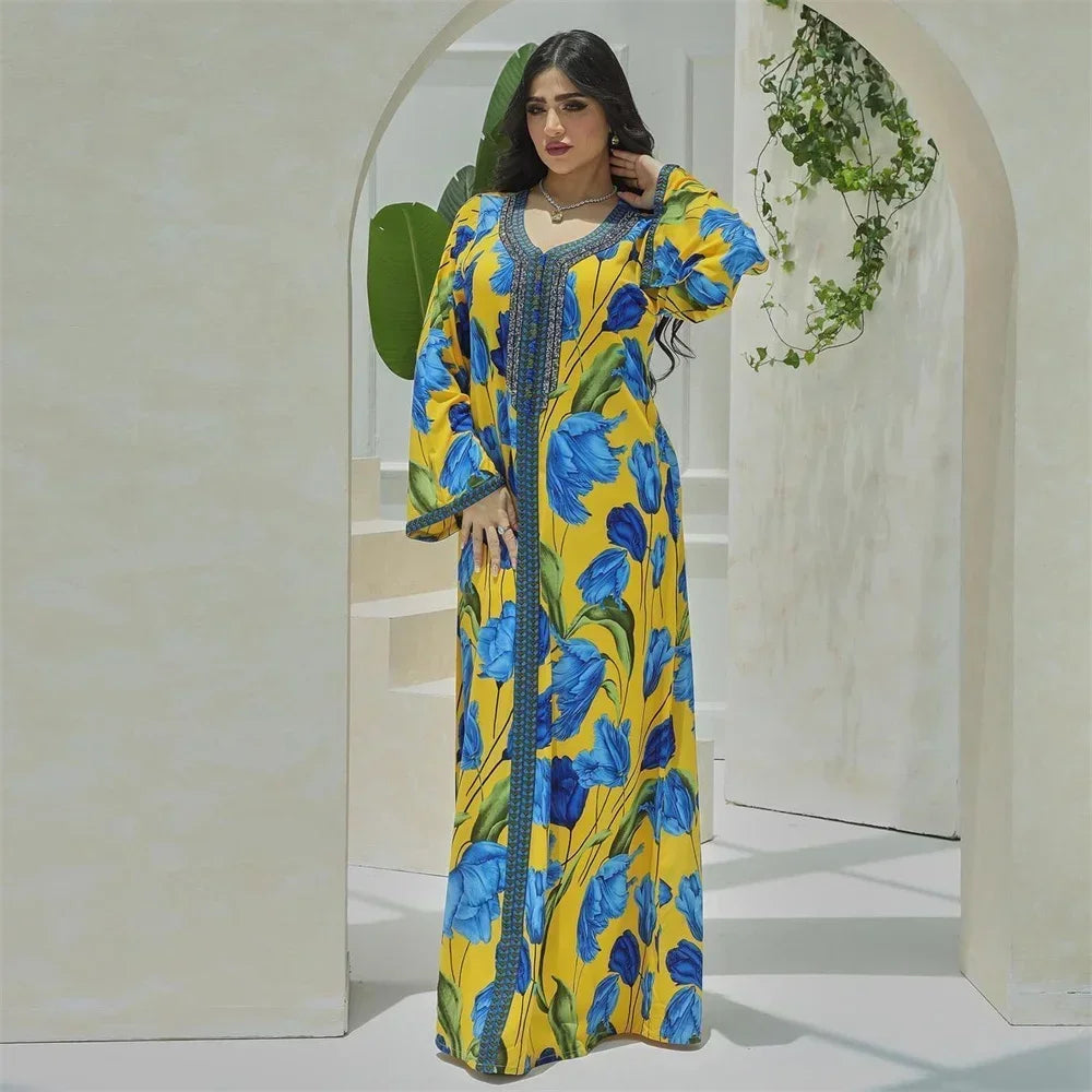 Elegant Ethnic Print Abaya Maxi Dress for Women – Muslim Jalabiya Modest Kaftan for Spring & Autumn