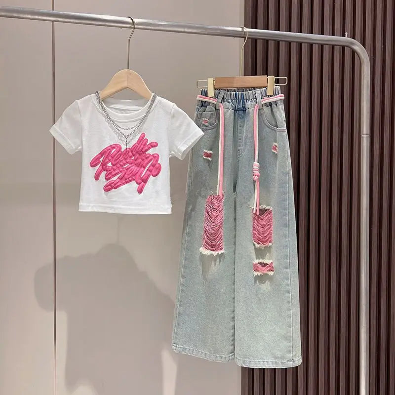 Cute Fashion Girls Autumn New 3D Spray Painted Graffiti Short Sleeved Colourful Denim DistresseD Set Children's StyliSh Wide Leg Pants