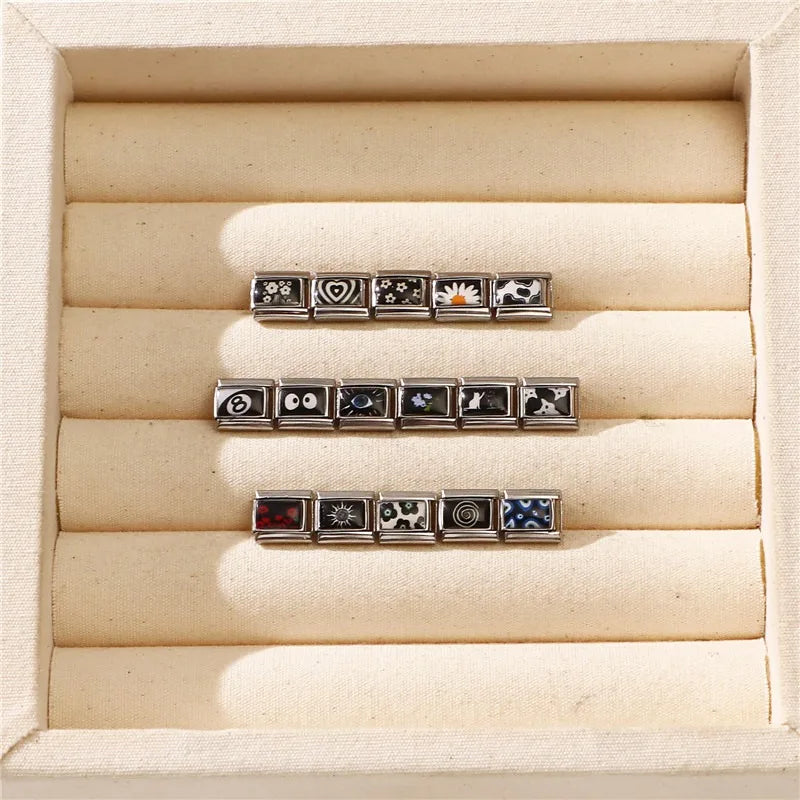 DIY Italian Charm Bracelet – Black & Red Cat Eye, Heart & Stripe Charms, 9mm Stainless Steel