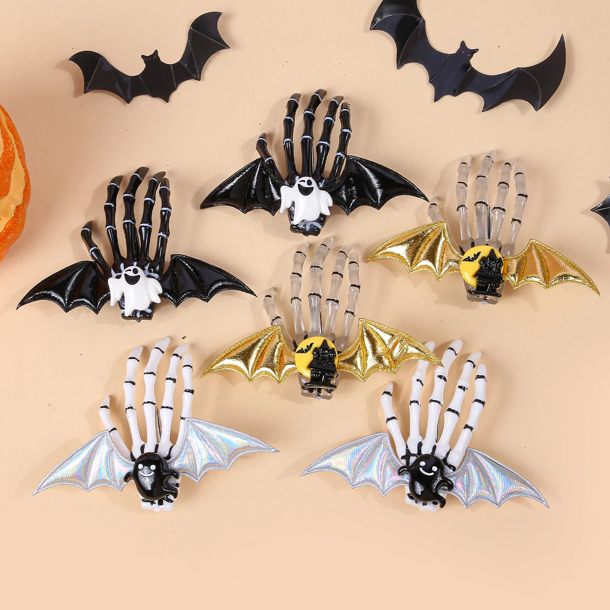 Halloween Skeleton Hand Hair Clips with Bat Wings, Pumpkin and Ghost Details for Gothic Hairstyles, Cosplay Costumes and Themed Parties