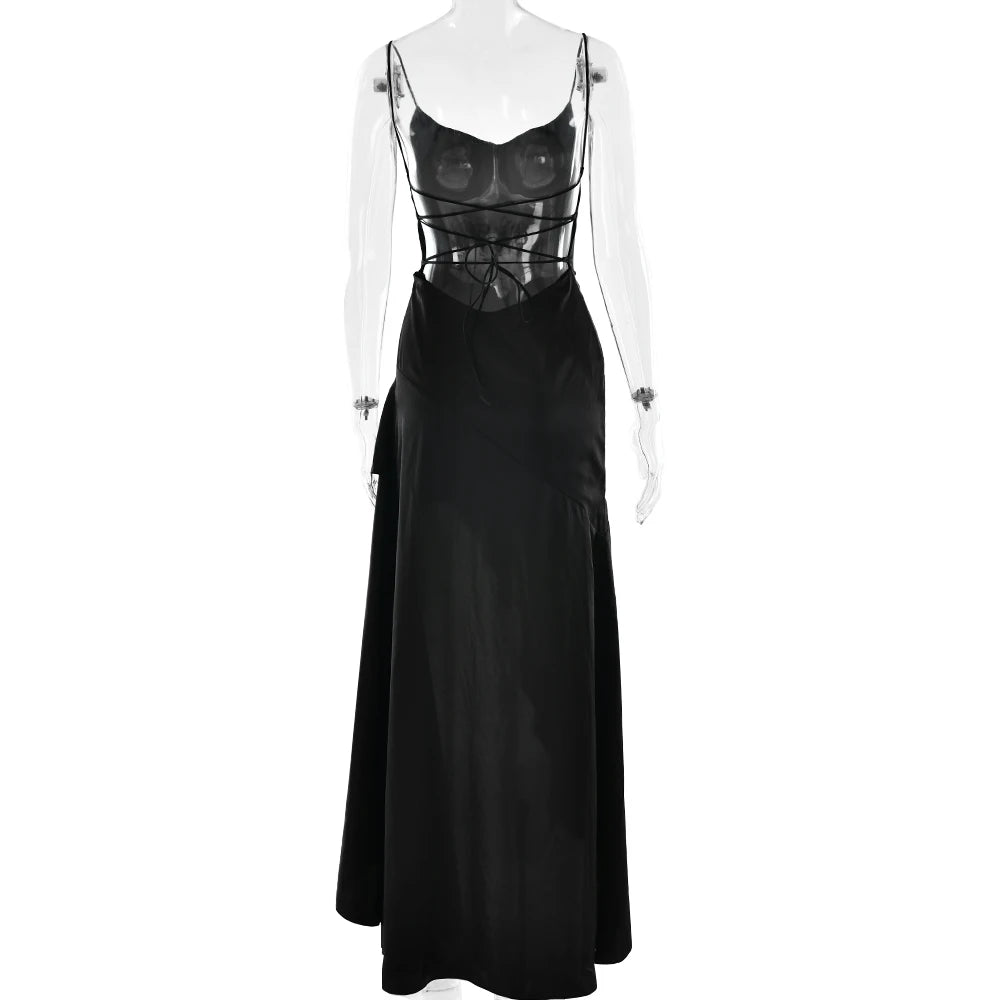 Elegant Spaghetti Strap Satin Split Maxi Dress for Women – Sexy Backless Bodycon Party & Evening Dress, Perfect for Summer Holidays & Beachwear