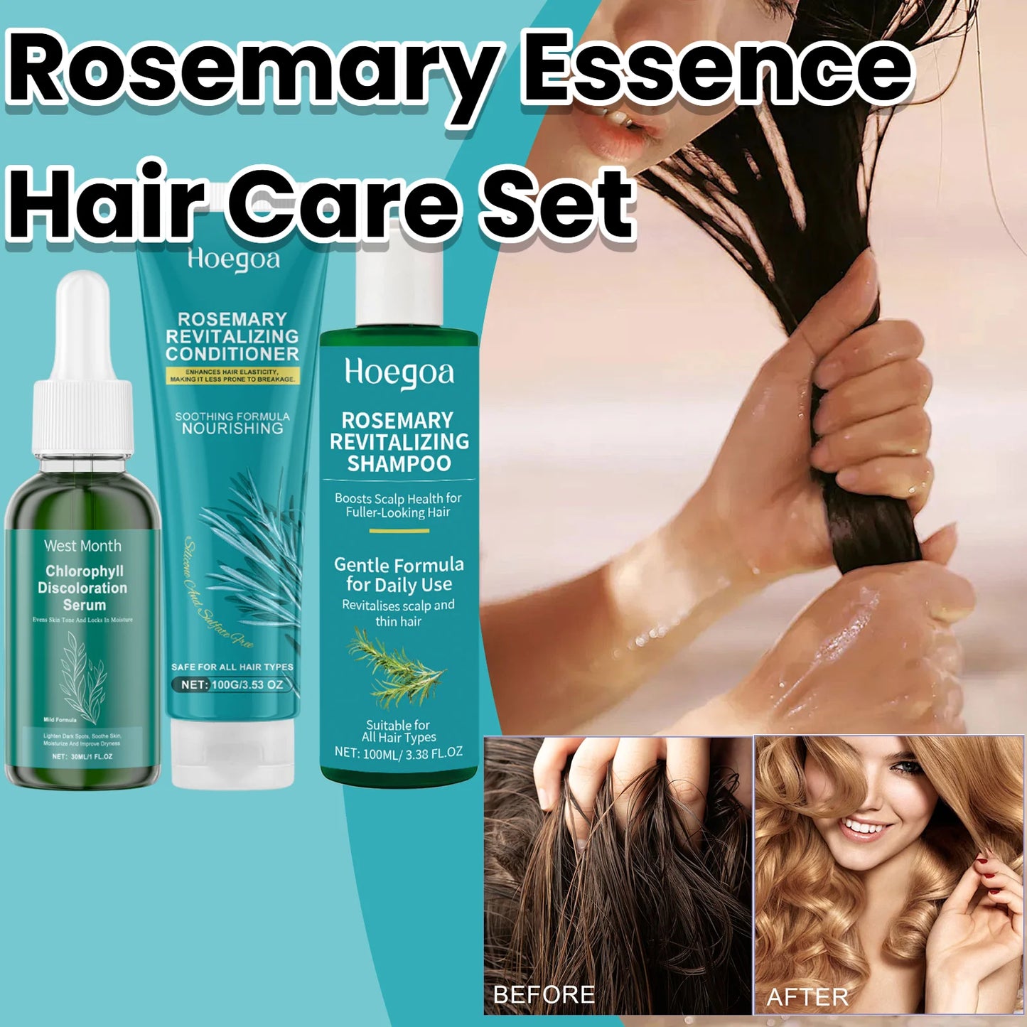 Rosemary Hair Care Set – Shampoo, Conditioner & Serum for Nourishing, Strengthening Hair and Smoothing Dry, Frizzy Hair