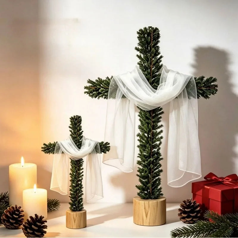 Artificial Pine-Style Greenery Cross with White Fabric Drape and Wood-Look Base for Christmas, Easter and Religious Tabletop Decor