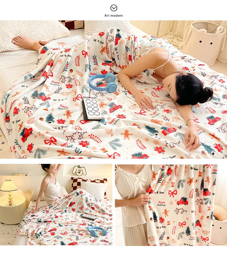 Soft Christmas Print Coral Fleece Throw Blanket, Plush Polyester Sofa and Bed Cover for Cozy Winter Lounging and Holiday Home Decor