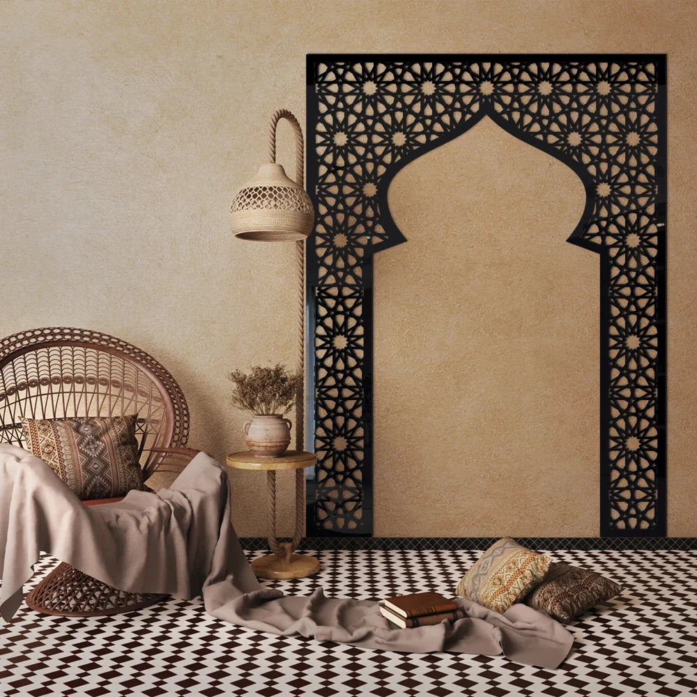 Islamic Arch Mirror Wall Sticker – Gold Acrylic 3D Mosque Frame Decal with Geometric Pattern for Ramadan & Eid Decor