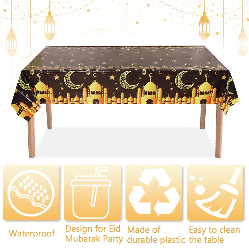 Ramadan Decor Tablecloth Eid Mubarak Disposable Waterproof Table Cover 2025 Islamic Muslim Party Home Decoration Gifts 220x130cm