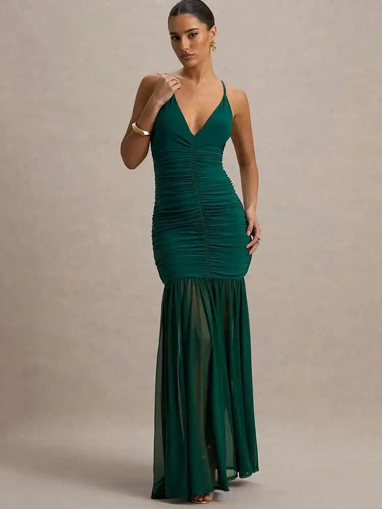 Women's Patchwork V-Neck Maxi Dress – Backless High-Waist Ruched Evening Gown