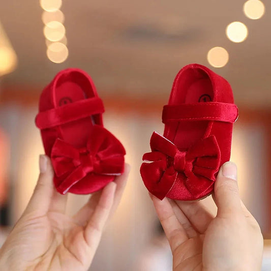 Spring and Autumn Newborn Baby Girl Flannelette Bow Princess Shoes – Soft Rubber Sole First Walker Flats