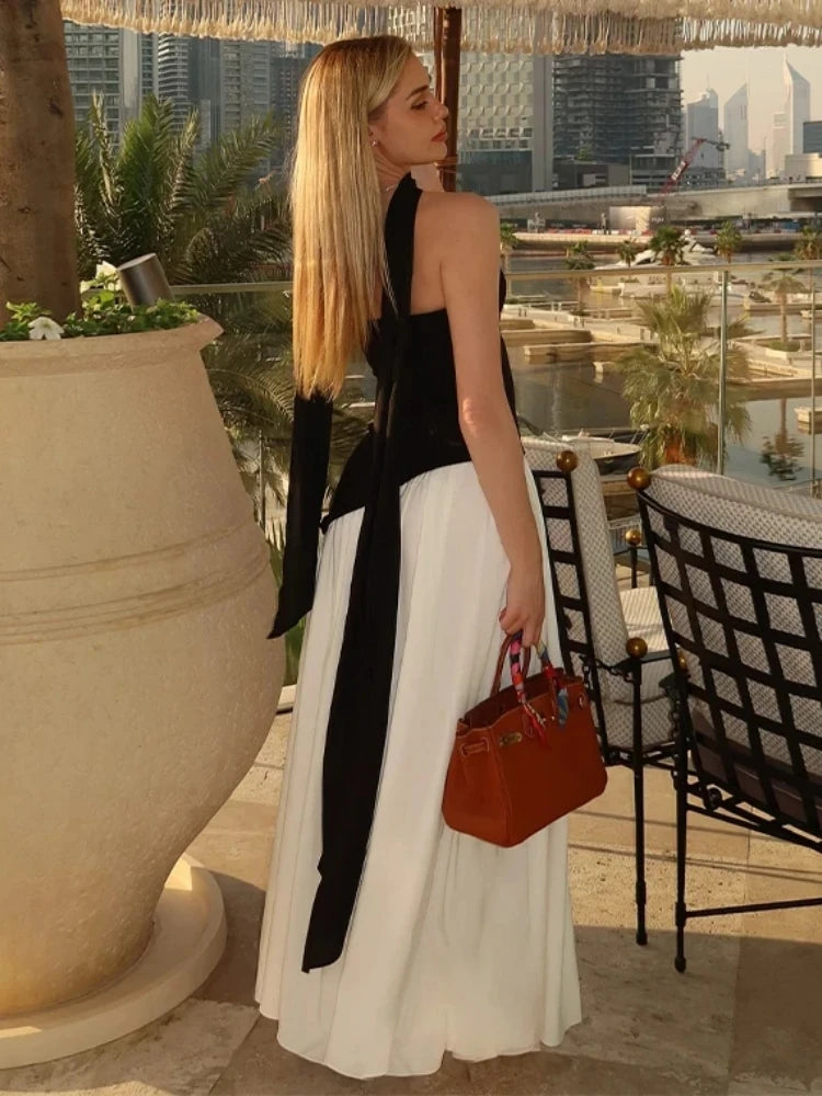 Elegant Pleated Long Dress for Women – Off-Shoulder, Scarf Neck, High Slit | Party & Evening Gown