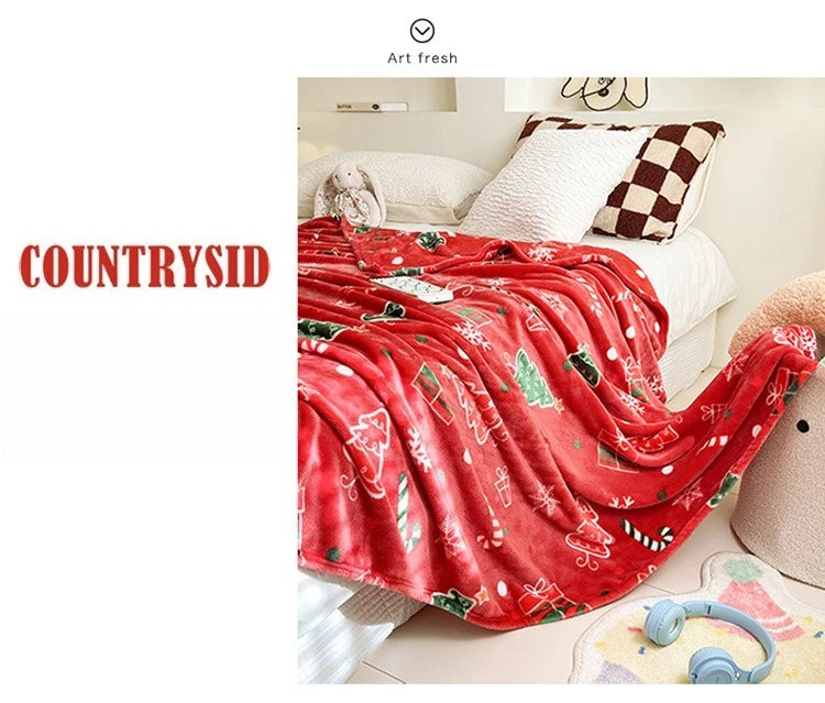 Soft Christmas Print Coral Fleece Throw Blanket, Plush Polyester Sofa and Bed Cover for Cozy Winter Lounging and Holiday Home Decor