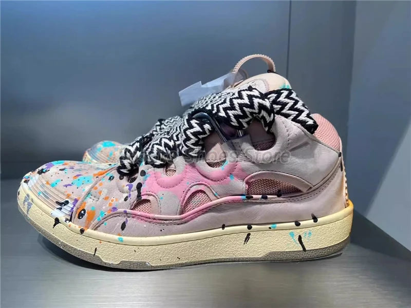 Thick Sole Casual Sneakers – Mixed Color Lace-Up Skateboard Shoes, Round Toe Breathable Outdoor Fashion Shoes