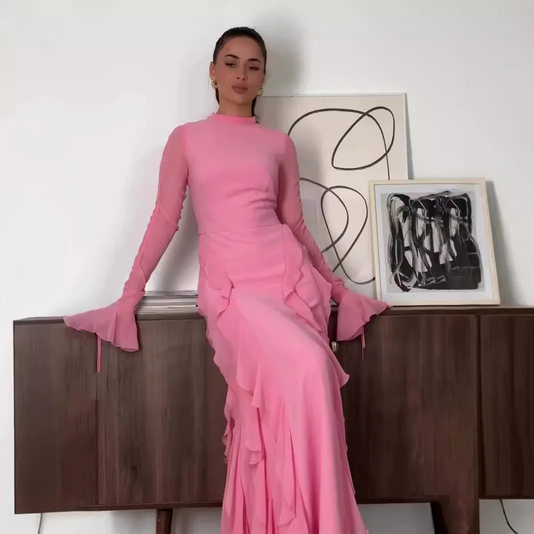 Eid Luxe Flow Gown – Elegant Modestwear Kaftan Inspired by Moroccan Jalabiya, Ruffle Trim Dubai Style Robe Dress for Women"