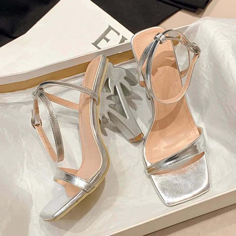 Women's Green Patent Leather Ankle Strap Heels – Square Toe Fretwork Sandals | Party & Fashion Shoes"
