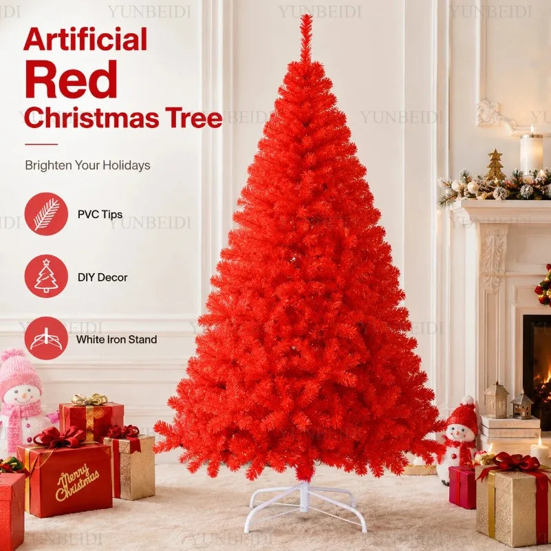 Red Artificial Christmas Tree, 120–240 cm PVC Holiday Tree with Optional Warm White USB LED Lights for Indoor Decorating