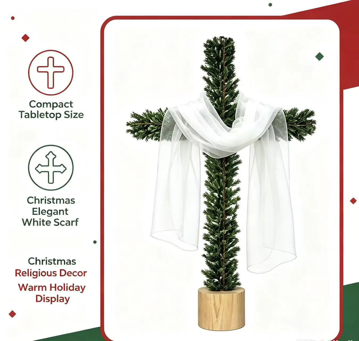Artificial Pine-Style Greenery Cross with White Fabric Drape and Wood-Look Base for Christmas, Easter and Religious Tabletop Decor