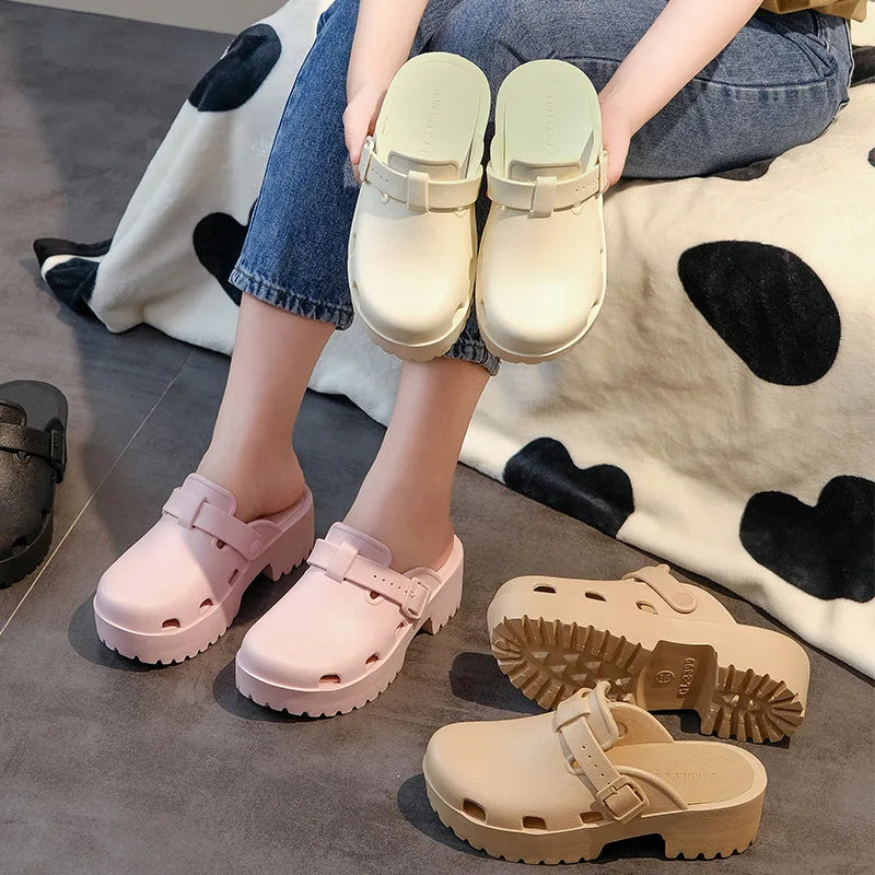 2025 Comwarm New Heels Clogs Women EVA Openwork Sandals Platform Square Heels Modern Slippers Street Slides Shoes Leisure Mules