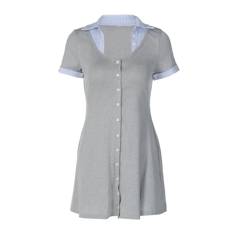 Short Sleeve Mini Dress – Square Neck Patchwork Striped High Waist Slim Fit Dress for Women