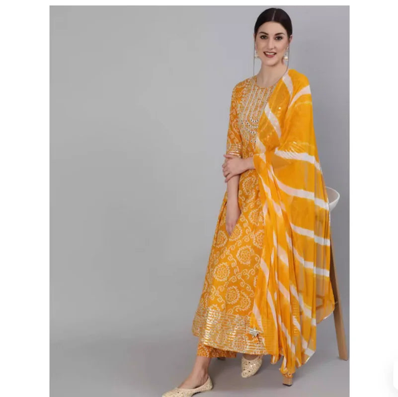 Women's Yellow Printed Cotton Indian Traditional Kurta Set with Pants & Dupatta (3-Piece)