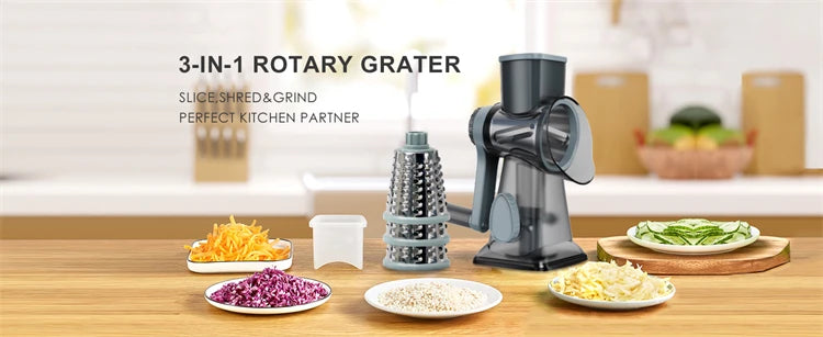 3-in-1 Rotary Cheese Grater – Manual Vegetable Slicer and Nut Grinder with Stainless Steel Blades