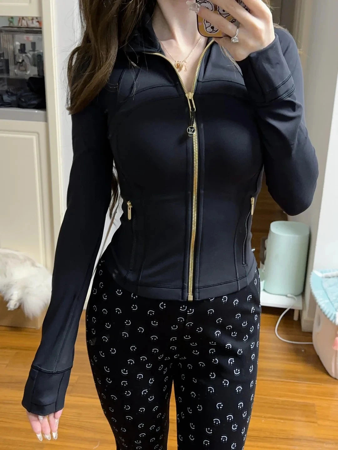 Women's Slim Fit Yoga & Workout Jacket with Gold Zipper – Long Sleeve Athletic Sports Jacket