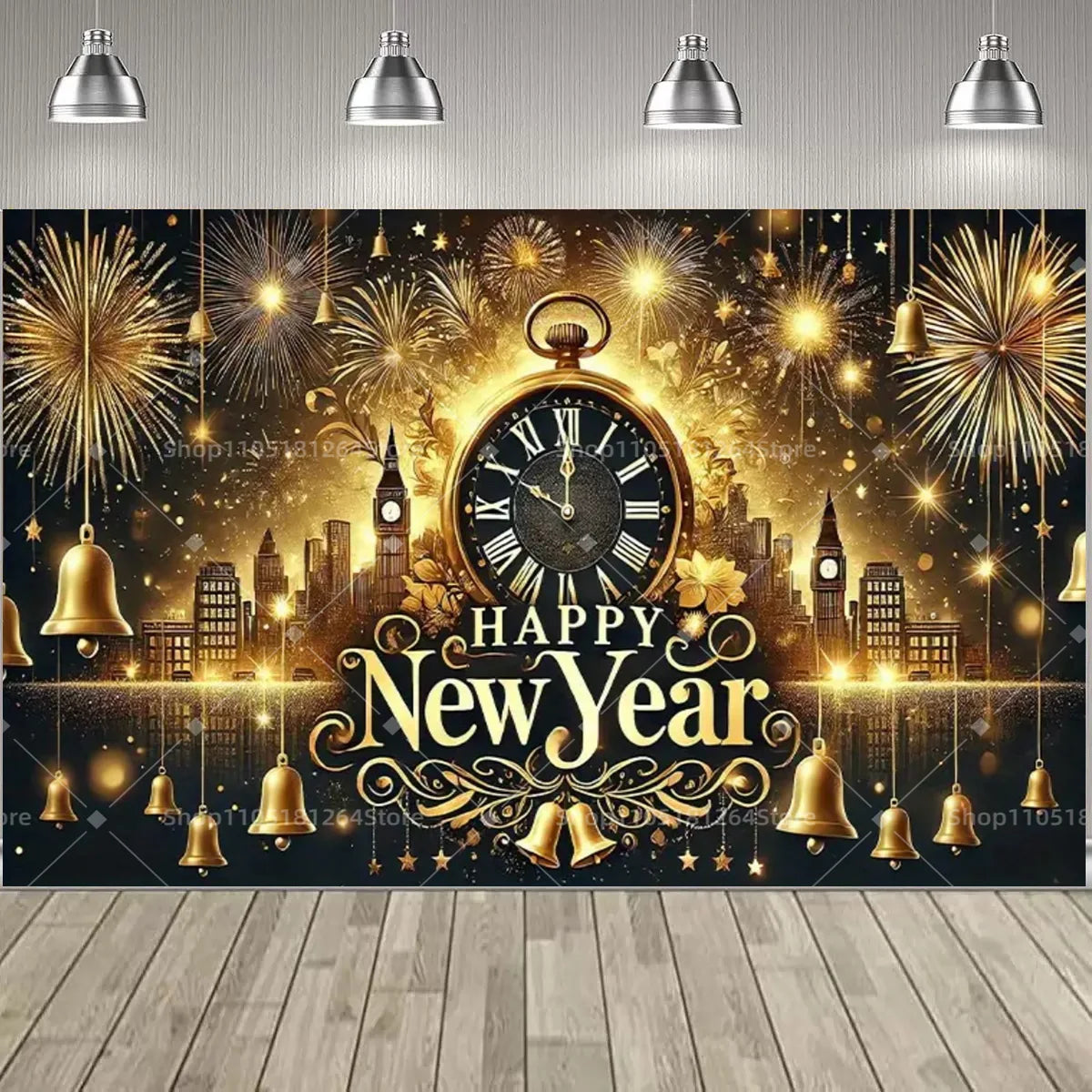 Black & Gold Happy New Year Party Decoration Banner – Festive Photo Backdrop for New Year & Holiday Celebrations
