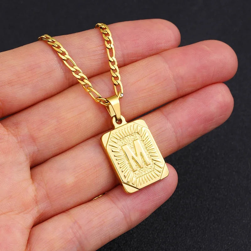 Initial Letter Pendant Necklace – Stainless Steel Cuban Link Chain, Square Charm Alphabet Necklace for Men & Women, Couple Gift Jewelry