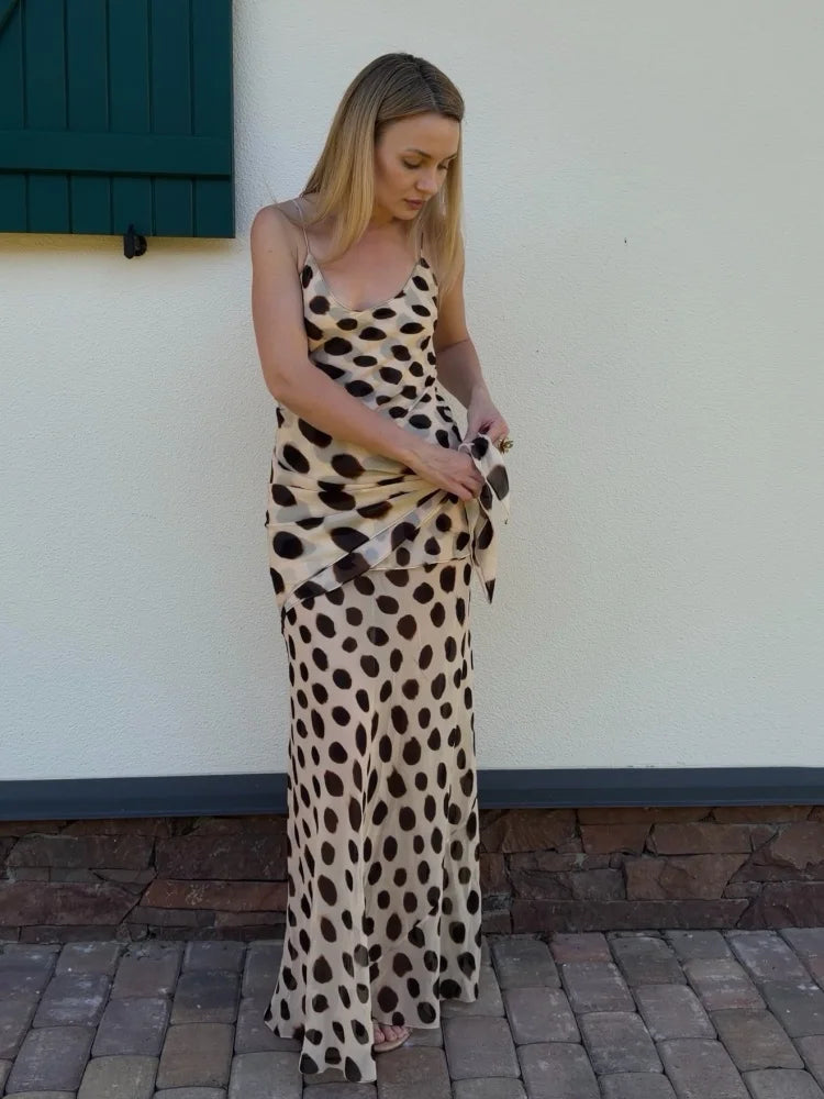 Women's Elegant Animal Print Maxi Dress with Detachable Scarf – Spaghetti Strap, Tie Waist, Slim Fit, Sleeveless Long Dress for Summer, Vacation, Party & Holiday